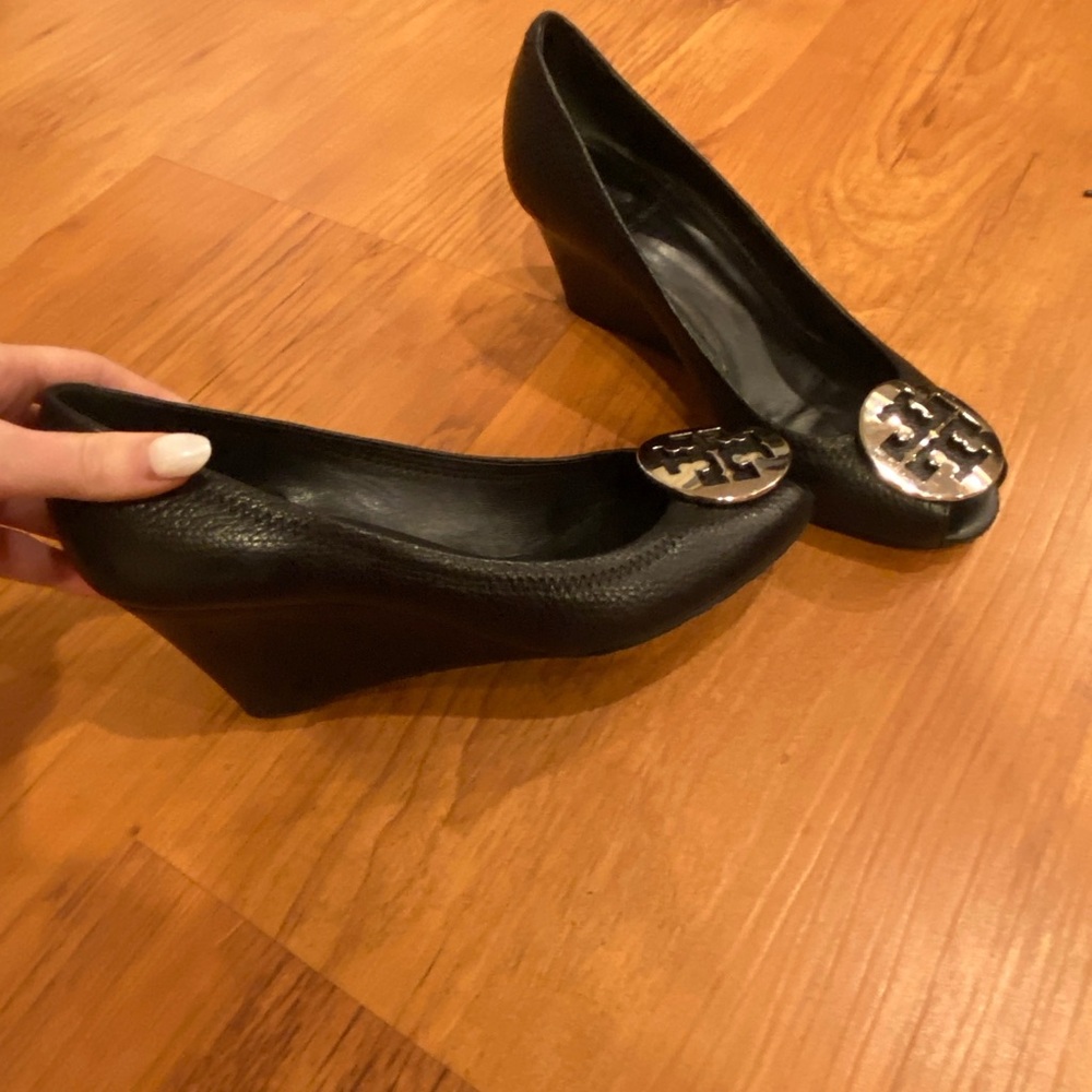 Tory Burch Black Leather Wedges